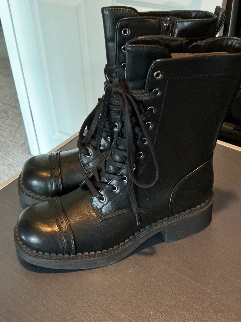 Black Lace-Up Combat Boots with Side Zipper
